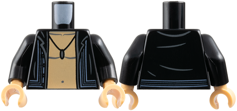 Torso Shirt Open with Sand Blue Lines, Medium Tan Bare Chest, Dark Bluish Gray Muscles Outline, Pendant Necklace Pattern / Black Arms / Medium Tan Hands