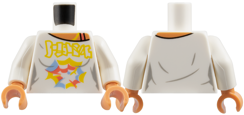 Torso Female Shirt with Yellow, Coral, and Bright Light Blue Markings, Nougat Neck and Shoulder with Strap Pattern / White Arms / Nougat Hands