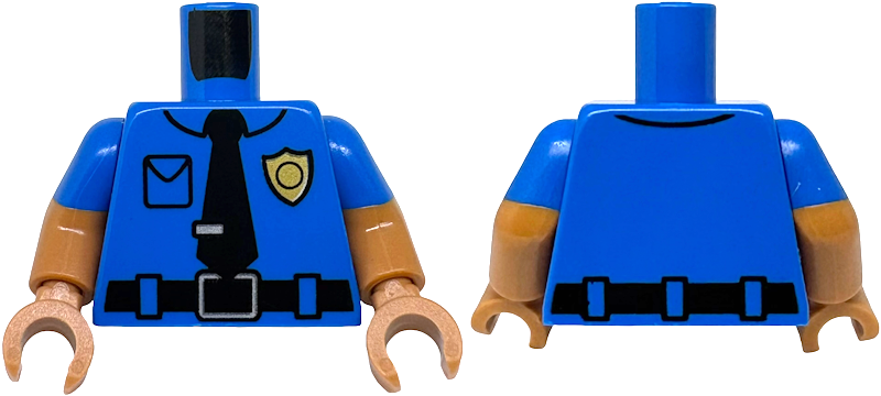 Torso Police Shirt with Collar, Pocket, Gold Badge, Black Belt with Silver Buckle, Tie with Clip Pattern / Medium Nougat Arms with Molded Blue Short Sleeves Pattern / Medium Nougat Hands