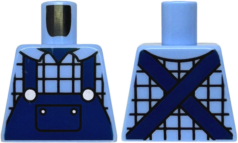 Torso Plaid Shirt with Collar, Dark Blue Overalls with Pocket and Silver Buttons Pattern