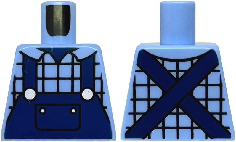 Torso Plaid Shirt with Collar, Dark Blue Overalls with Pocket and Silver Buttons Pattern