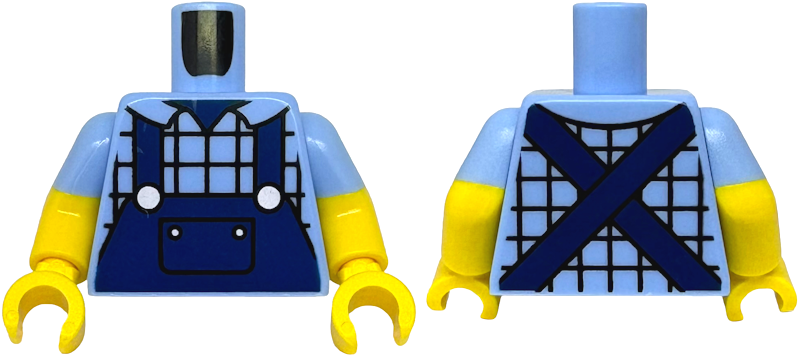 Torso Plaid Shirt with Collar, Dark Blue Overalls with Pocket and Silver Buttons Pattern / Yellow Arms with Molded Bright Light Blue Short Sleeves Pattern / Yellow Hands