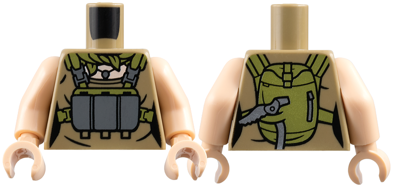 Torso Female Top, Olive Green Scarf, Utility Harness with Backpack, Dark Bluish Gray Pendant Necklace, Light Nougat Neck Pattern / Light Nougat Arms / Light Nougat Hands