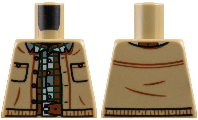 Torso Vest Open with Pockets, Reddish Brown, Dark Bluish Gray, Light Bluish Gray and Dark Green Plaid Shirt, Belt with Silver Buckle Pattern