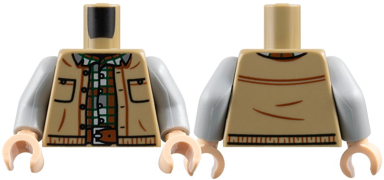 Torso Vest Open with Pockets, Reddish Brown, Dark Bluish Gray, Light Bluish Gray and Dark Green Plaid Shirt, Belt with Silver Buckle Pattern / Light Bluish Gray Arms / Light Nougat Hands