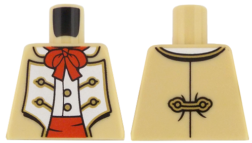 Torso Coat Open with White Panels and Gold Trim over Vest with Buttons, Red Bow and Waistband Pattern