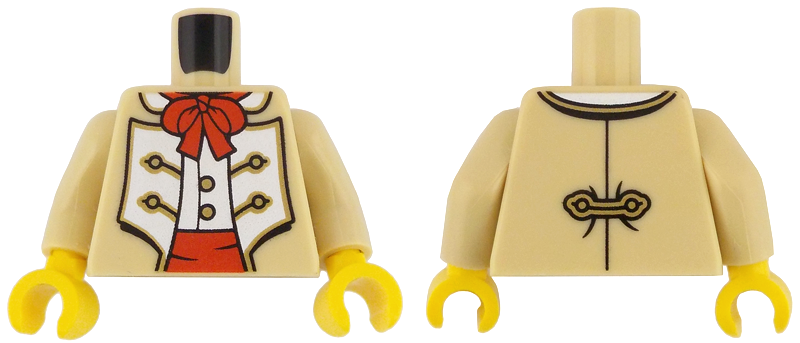 Torso Coat Open with White Panels and Gold Trim over Vest with Buttons, Red Bow and Waistband Pattern / Tan Arms / Yellow Hands