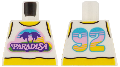 Torso Tank Top Cropped with Bright Pink and Dark Purple Paradisa Logo, Yellow Neck and Stomach, '92' on Back Pattern