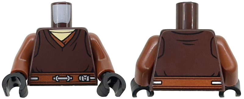 Torso SW Jedi Robe over Tan Shirt, Reddish Brown Belt with Silver Lines and Details Pattern / Reddish Brown Arms / Black Hands