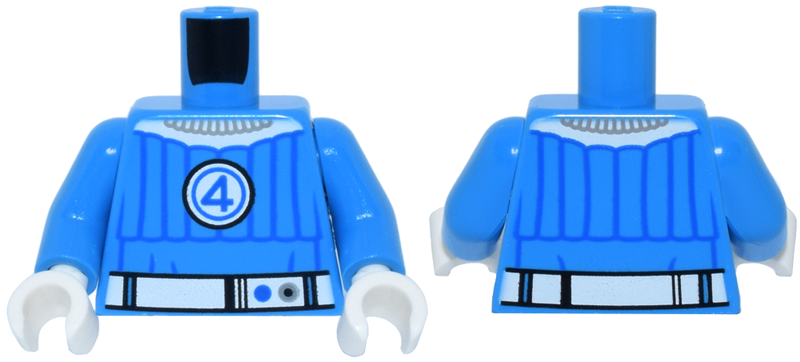 Torso Super Hero Costume with Blue Trim, White Collar,  Belt and Fantastic Four Emblem with Number 4 Pattern / Dark Azure Arms / White Hands