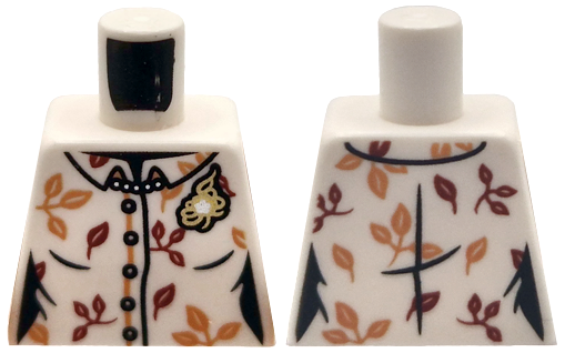 Torso Female Button Up Shirt with Nougat and Dark Red Leaves, Silver Pearl Necklace, Gold Brooch Pattern