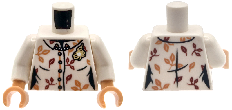 Torso Female Button Up Shirt with Nougat and Dark Red Leaves, Silver Pearl Necklace, Gold Brooch Pattern / White Arms / Light Nougat Hands