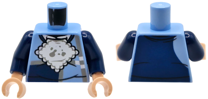 Torso Sweater with Dark Blue Panels and Light Bluish Gray Rectangles, White Shirt, Napkin with Spots Pattern / Dark Blue Arms / Light Nougat Hands