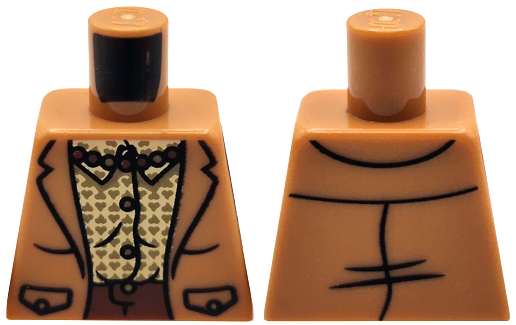 Torso Jacket with Pockets, Tan Shirt with Dark Tan Hearts and Buttons, Pearl Necklace, Reddish Brown Pants Pattern