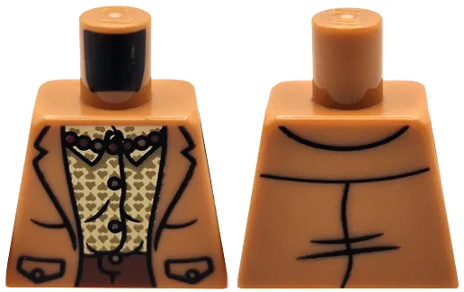 Torso Jacket with Pockets, Tan Shirt with Dark Tan Hearts and Buttons, Pearl Necklace, Reddish Brown Pants Pattern
