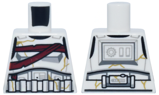 Torso SW Armor Stormtrooper, Simplified Armor with Shoulder Belts, Dark Red Bandages Around Chest, Gold Cracks Pattern