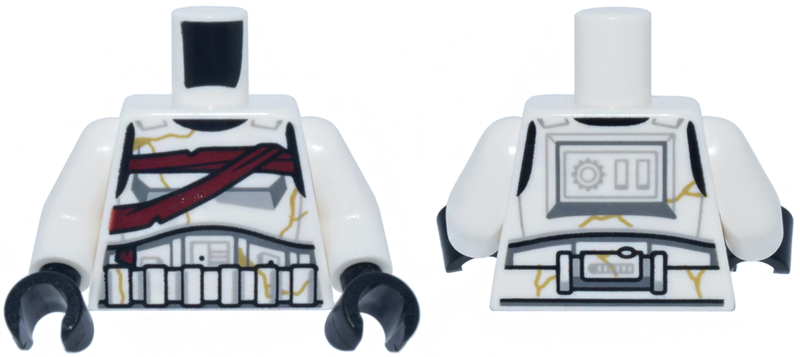 Torso SW Armor Stormtrooper, Simplified Armor with Shoulder Belts, Dark Red Bandages Around Chest, Gold Cracks Pattern / White Arms / Black Hands