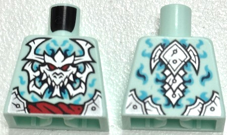 Torso Silver Armor Plates, Dragon Skull with Horns and Red Eyes, Rope Belt, Medium Azure and Dark Blue Swirls Pattern