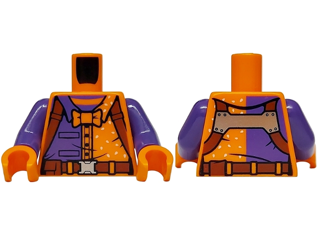 Torso Jacket Dark Purple Panel with Pockets over Striped Shirt, Reddish Brown Straps, Pouch and Belt with Silver Buckle, Bow Tie and Tan Sesame Seeds Pattern / Dark Purple Arms / Orange Hands