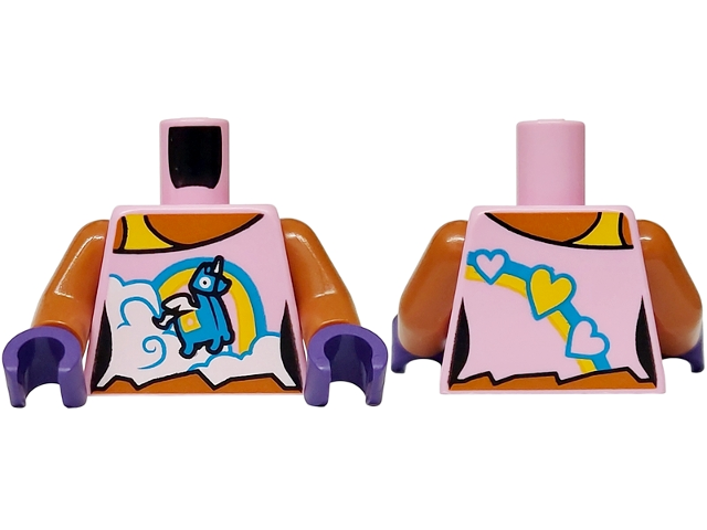 Torso Female Tank Top Cropped with Tattered Hem, White Clouds, Dark Azure and Yellow Rainbow, Hearts and Llama Pattern / Sienna Arms / Dark Purple Hands