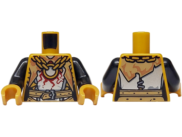 Torso Armour with Silver Metal Plates and Dark Red Cracks, Dark Tan Panels and Belt with Buckle, Chain Pendant Pattern / Black Arms / Pearl Gold Hands