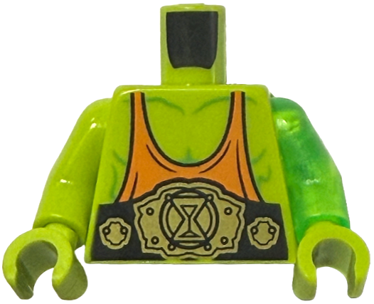 Torso with Muscles Outline, Orange Tank Top, Black and Gold Wrestling Belt with 'Z-Blob' on Back Pattern (BAM) / Trans-Bright Green Arm Left / Lime Arm Right / Lime Hands