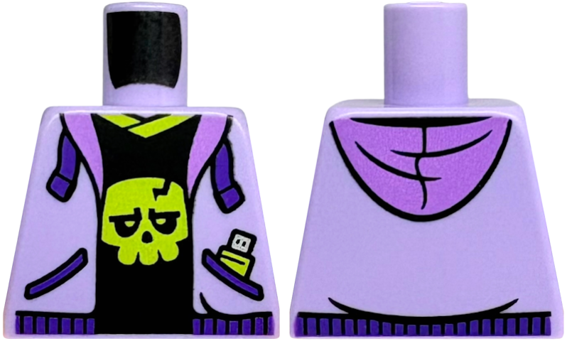 Torso Hoodie Open with Medium Lavender Hood, Dark Purple Drawstrings and Pockets, Black Shirt with Lime Collar and Skull Pattern
