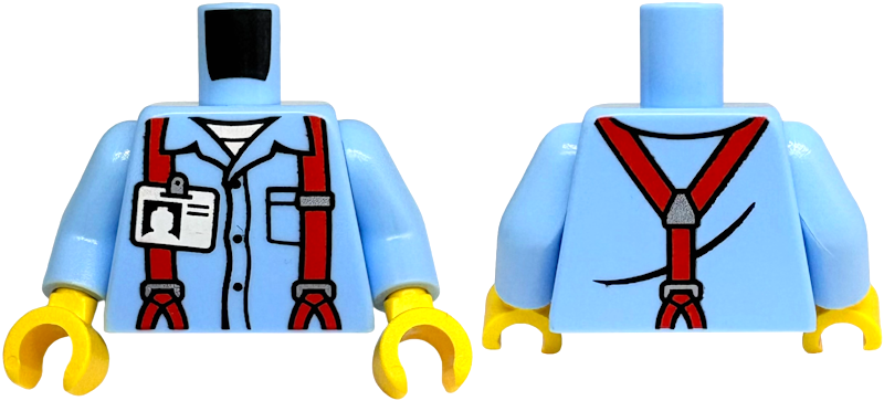 Torso Shirt with Collar, Buttons and Pocket, Red Suspenders with Silver Buckles, White Undershirt, ID Badge Pattern / Bright Light Blue Arms / Yellow Hands