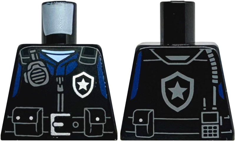 Torso Police Safety Vest, Silver Star Badge Logo, Dark Bluish Gray Radio, Belt with Buckle and Pouches, Dark Blue Shirt Pattern