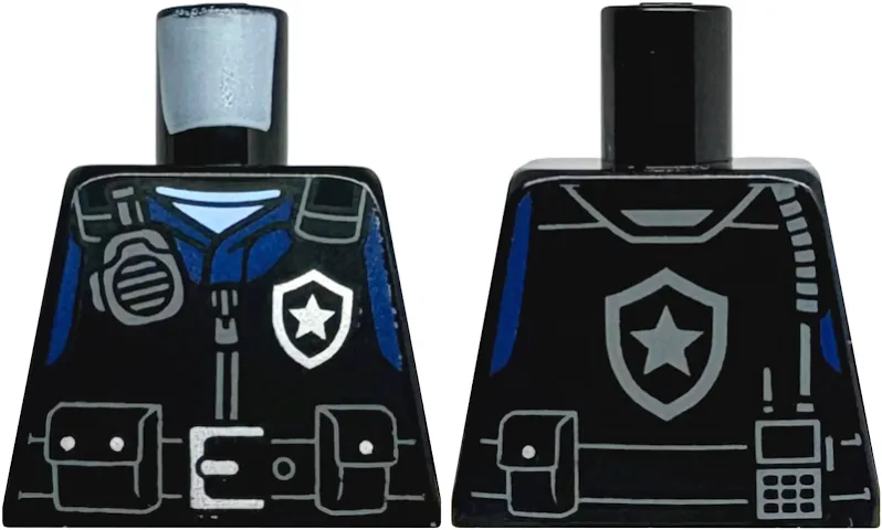 Torso Police Safety Vest, Silver Star Badge Logo, Dark Bluish Gray Radio, Belt with Buckle and Pouches, Dark Blue Shirt Pattern