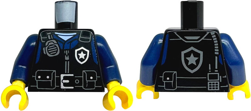 Torso Police Safety Vest, Silver Star Badge Logo, Dark Bluish Gray Radio, Belt with Buckle and Pouches, Dark Blue Shirt Pattern / Dark Blue Arms / Yellow Hands