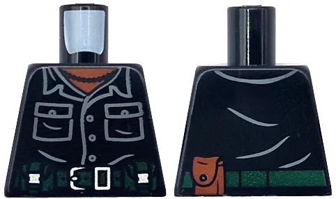 Torso Shirt, Dark Bluish Gray Pockets and Buttons, Dark Green Belt with Silver Buckle, Pouch, Reddish Brown Neck, Pearl Necklace Pattern