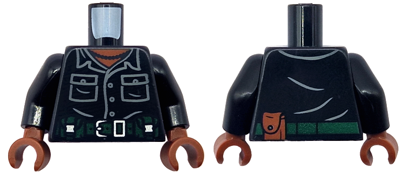 Torso Shirt, Dark Bluish Gray Pockets and Buttons, Dark Green Belt with Silver Buckle, Pouch, Reddish Brown Neck, Pearl Necklace Pattern / Black Arms / Reddish Brown Hands