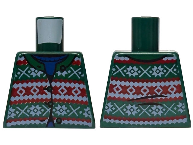 Torso Fair Isle Cardigan Sweater with Red and White Stripes across Top, Middle and Bottom over Blue Shirt Pattern