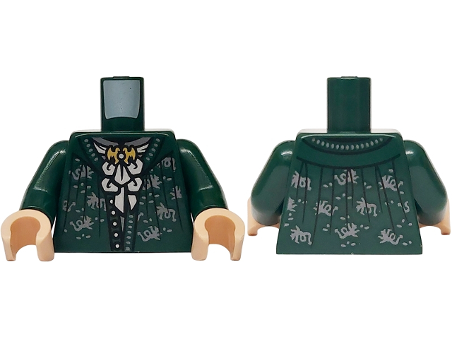 Torso Jacket Open with Buttons, Neck Ruffle with Gold Brooch, Silver Swirls Pattern / Dark Green Arms / Light Nougat Hands