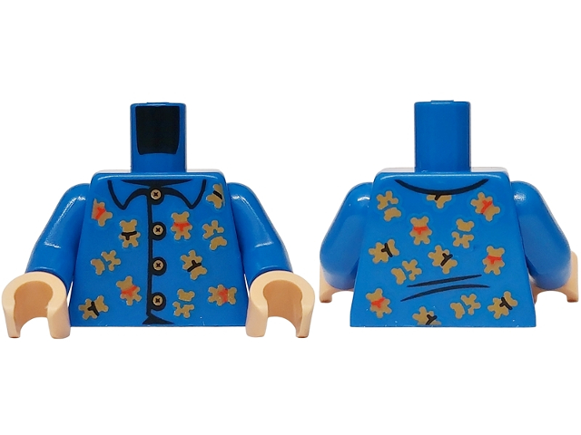Torso Pajamas with Collar, Gold Buttons and Teddy Bears Pattern / Blue Arms / Light Nougat Hands