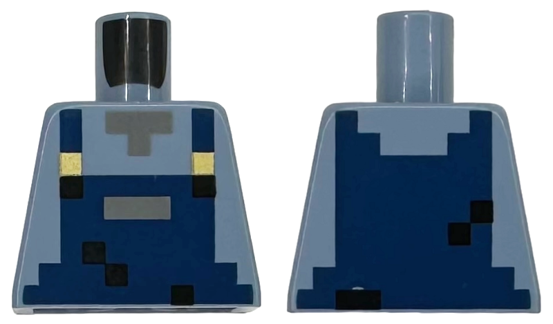 Torso Pixelated Dark Blue Overalls with Pocket, Black Spots and Gold Buckles over Shirt, Dark Bluish Gray Neck Pattern