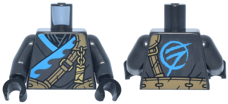 Torso Tunic with Dark Azure Trim, Black Shirt, Dark Tan Strap, Gold Clasp and Charm with Ninjago Logogram Letter N Pattern / Pearl Dark Gray Arms / Black Hands