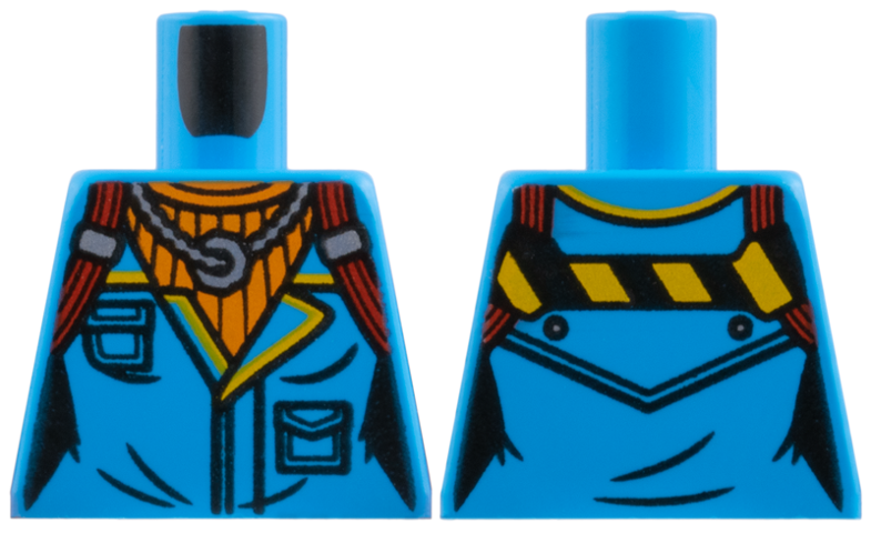 Torso Female Sleeveless Shirt with Pockets, Silver Necklace, Orange Undershirt, Dark Red Straps, Black and Yellow Danger Stripes on Back Pattern