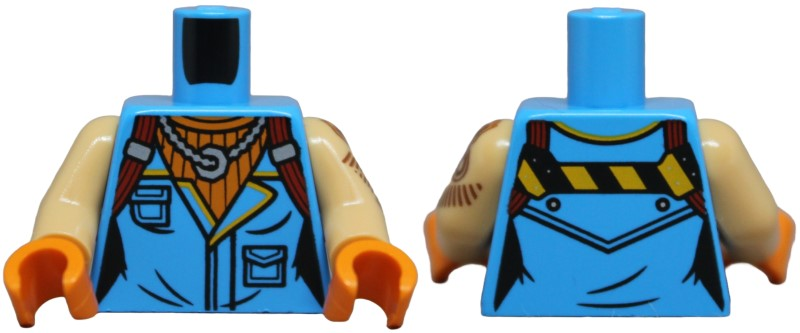 Torso Female Sleeveless Shirt with Pockets, Silver Necklace, Orange Undershirt, Dark Red Straps, Black and Yellow Danger Stripes on Back Pattern / Medium Tan Arm Left with Tattoo Pattern / Medium Tan Arm Right / Orange Hands