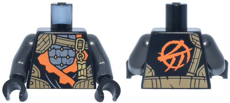 Torso Tunic with Orange Trim, Dark Silver Armor, Dark Tan Strap, Gold Clasp and Charm with Ninjago Logogram Letter C Pattern / Pearl Dark Gray Arms / Black Hands