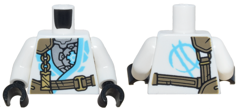 Torso Tunic with Medium Azure Trim, Silver Mechanical Armor, Dark Tan Strap, Gold Clasp and Charm with Ninjago Logogram Letter Z Pattern / White Arms / Black Hands