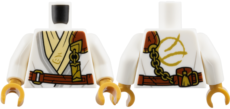 Torso Tunic with Light Bluish Gray Trim, Tan Layer, Reddish Brown Strap, Gold Clasp and Charm with Ninjago Logogram 'WU' Pattern / White Arms / Pearl Gold Hands