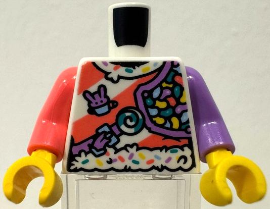 Torso Female Shirt, Coral, Bright Light Blue, Medium Lavender, Dark Turquoise and Yellow Candies, Diagonal Stripes, Strap with Buckle Pattern (BAM) / Medium Lavender Arm Left / Coral Arm Right / Yellow Hands