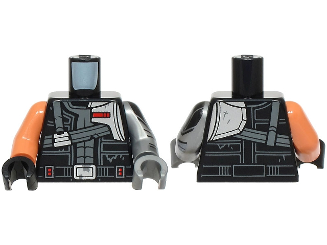 Torso Vest Open, Dark Bluish Gray Straps, Silver Shoulder Panel, Belt with Buckle, Red Rectangles Pattern / Flat Silver Arm Left with Armor and Cuff Pattern / Nougat Arm Right / Flat Silver Hand Left / Black Hand Right