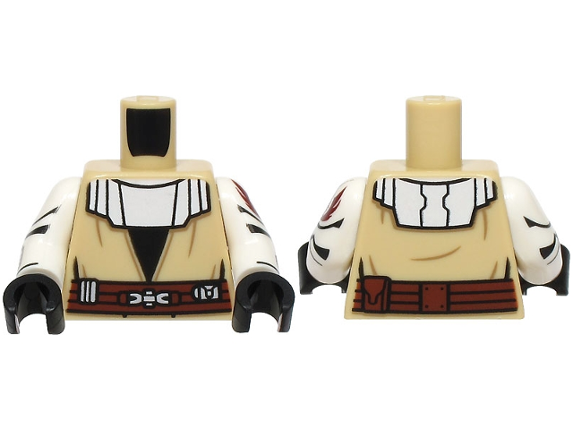 Torso SW Robe, White Collar, Reddish Brown Belt with Pouch and Silver Buckle Pattern / White Arms with Jedi Crest and Compad Pattern / Black Hands