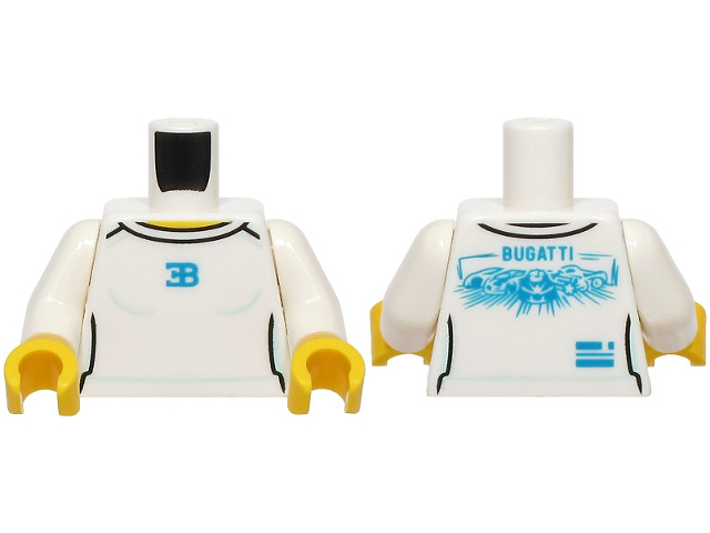 Torso Female Shirt with Dark Azure Bugatti Logo, Light Aqua Contours, Yellow Neck, 'BUGATTI' and Cars on Back Pattern / White Arms / Yellow Hands
