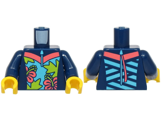 Torso Wetsuit with Medium Azure and Coral Panels, Stripes, Zipper and Flowers and Lime Palm Leaves Pattern (BAM) / Dark Blue Arms / Yellow Hands