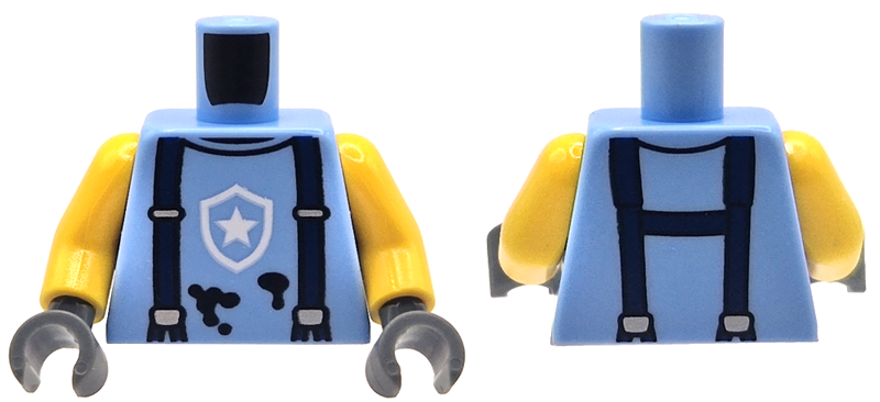 Torso Police Sleeveless Shirt with White Star Badge Logo, Dark Blue Suspenders and Black Splotches Pattern / Yellow Arms / Dark Bluish Gray Hands