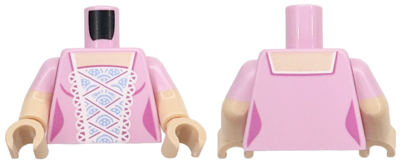 Torso Female Bodice Dress, Light Nougat Neck, White Lace Trim, Bright Light Blue Center Panel with Dark Pink Details Pattern / Light Nougat Arms with Molded Bright Pink Short Sleeves Pattern / Light Nougat Hands